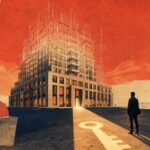 A monumental apartment tower rendered as a finished, solid structure at ground level but dissolving upward into faint architectural blueprint linework against a red-toned sky, the completed lower floors casting a single confident key-shaped shadow of light across the foreground — the promise now built before it is sold.