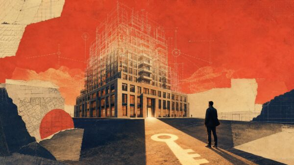 A monumental apartment tower rendered as a finished, solid structure at ground level but dissolving upward into faint architectural blueprint linework against a red-toned sky, the completed lower floors casting a single confident key-shaped shadow of light across the foreground — the promise now built before it is sold.