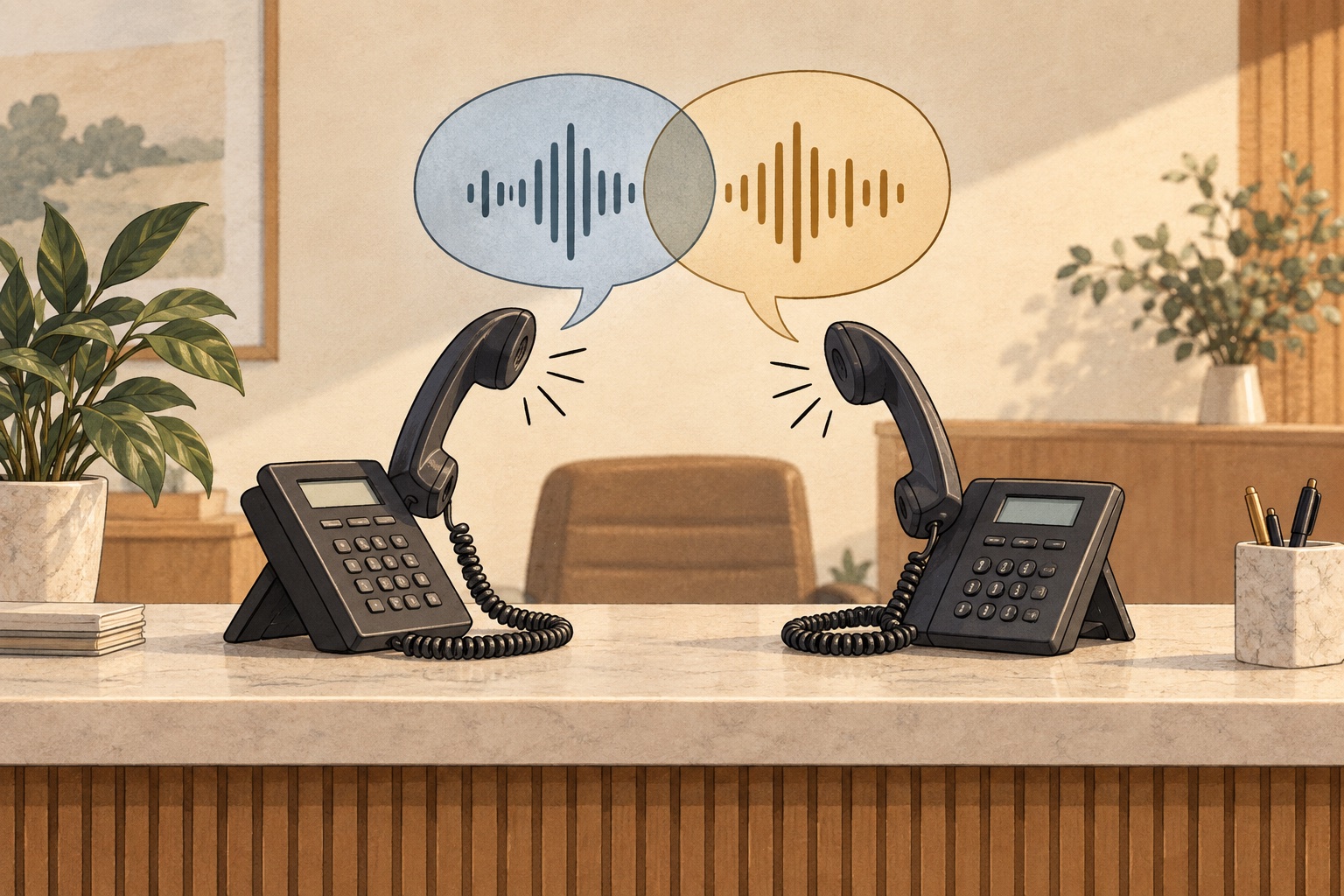 Two desk phones talking over each other, with overlapping speech bubbles