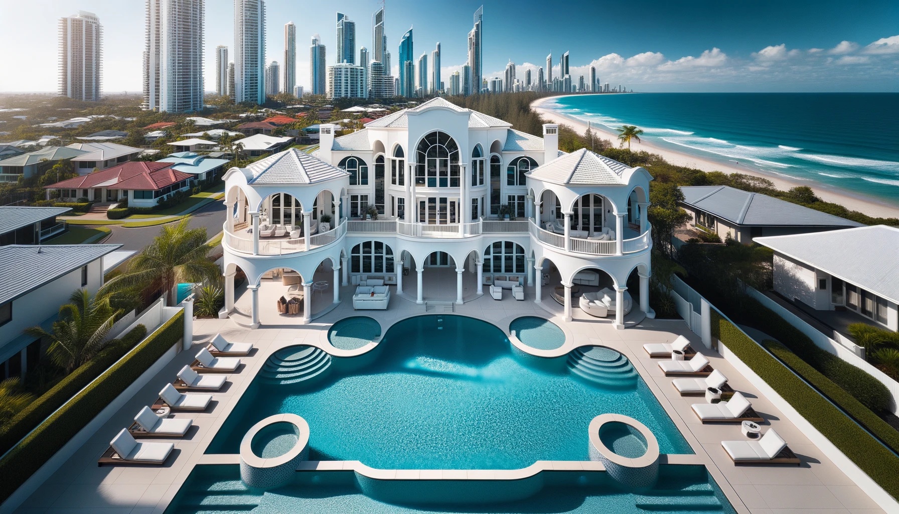 An AI-generated image from 2023 of a white house with arches and a pool, which looks nothing like the real property